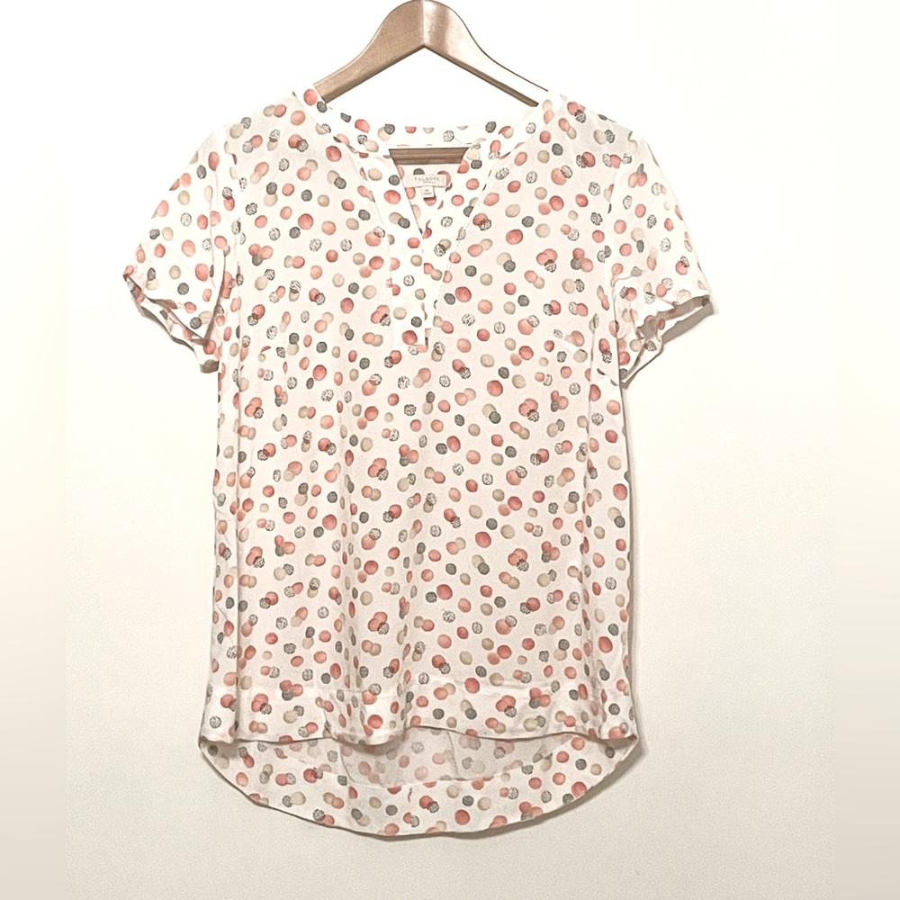 Talbots Cream Orange Tan Watercolor Print Split V Neck Short Sleeve Top Size Mp